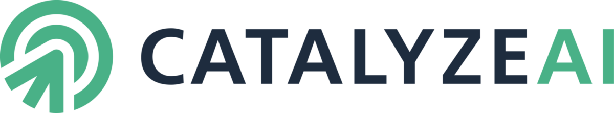 The image displays the logo of "catalyzeai," featuring stylized text and an icon that appears to be an abstract representation of a tree or leaf, potentially signifying growth, renewal, or natural processes, which aligns with the theme of catalysis or acceleration in the context of ai (artificial intelligence). the color scheme is a gradient of teal shades, suggesting a modern and tech-oriented brand identity.