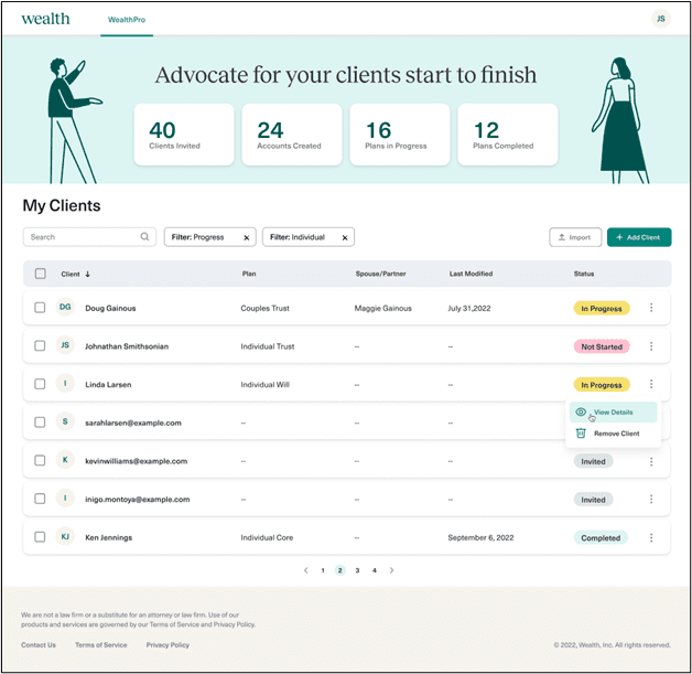 A user interface of a financial management software titled "wealth" showing a dashboard for tracking client engagement, with a focus on progress status, such as 'not started', 'in progress', and 'completed'. this screen is part of a tool used by advisors to monitor and manage their clients' accounts and financial plans efficiently. on the right side, there are two illustrations depicting figures in professional attire, symbolizing the advisory role from beginning to end.