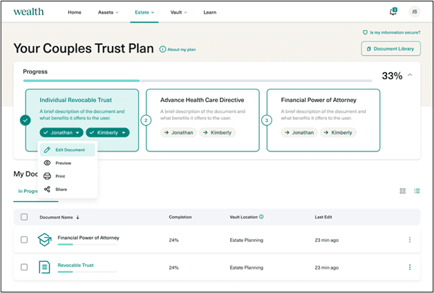 User interface of a financial planning tool showcasing features for organizing a couple's trust, with progress indicators and shared access between partners.