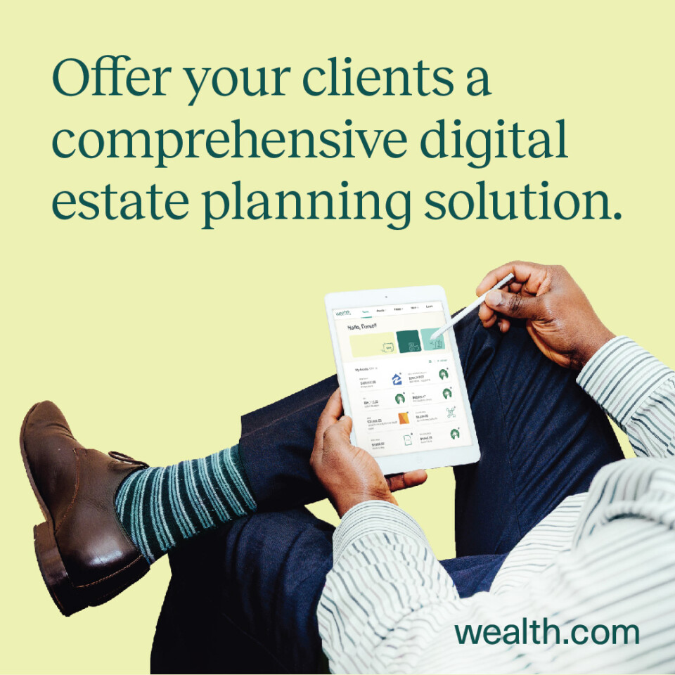 A professional holding a tablet showcasing a digital estate planning tool with a call to action for businesses to provide comprehensive digital estate planning solutions to their clients.
