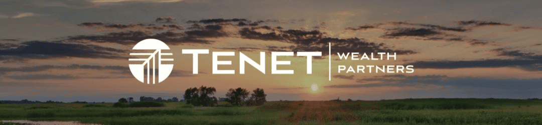 Logo of tenet wealth partners set against a serene sunset over a tranquil landscape.