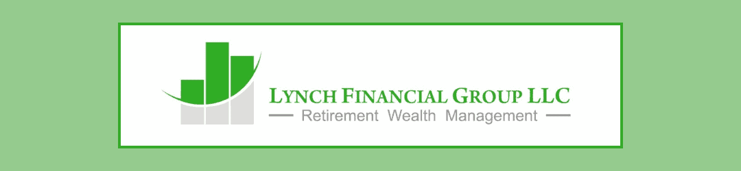 Logo of lynch financial group llc, specializing in retirement wealth management, with a graphic element resembling an upward financial chart in green.