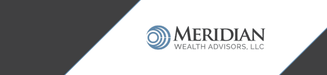 A sleek, professional banner featuring the logo of meridian wealth advisors, llc, set against a diagonally divided background of contrasting shades of gray.