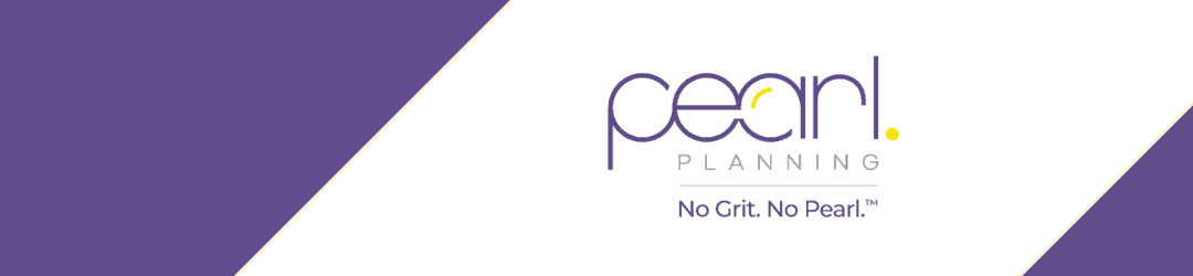 Simple and sleek brand design featuring the name 'pearl' with a stylized 'planning' text and the motivational tagline 'no grit. no pearl.'.