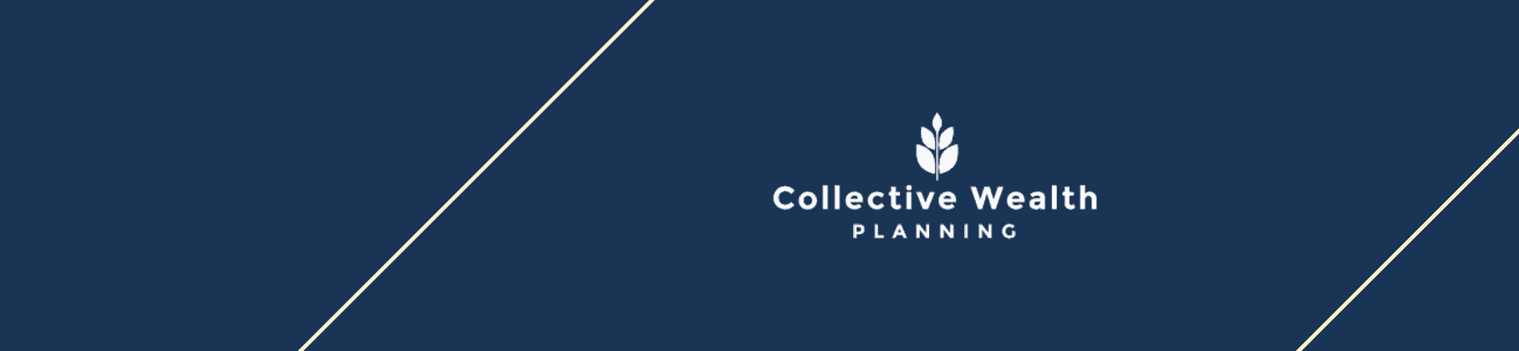 A sleek, professional-looking banner for 'collective wealth planning,' featuring a minimalist logo with what appears to be a stylized wheat sheaf set against a deep blue background, divided by a clean diagonal white line.