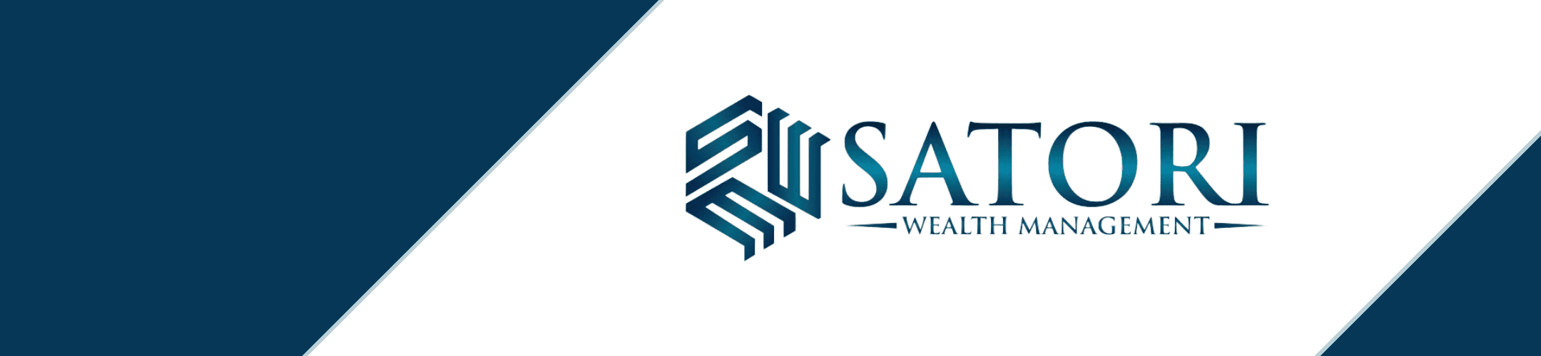 Satori wealth management corporate banner with a stylized logo on a sophisticated navy and white diagonal split background.