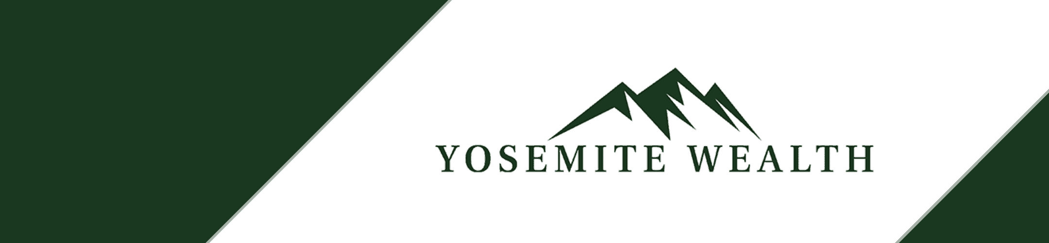 Yosemite wealth: stylized mountain peaks logo symbolizing financial growth and stability, set against a sleek green and white background.