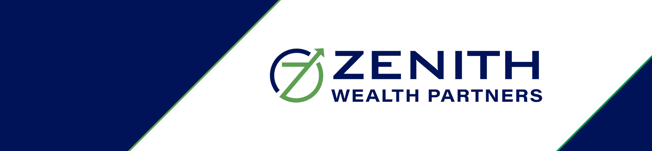Zenith wealth partners corporate banner with logo on a sleek blue and white background.