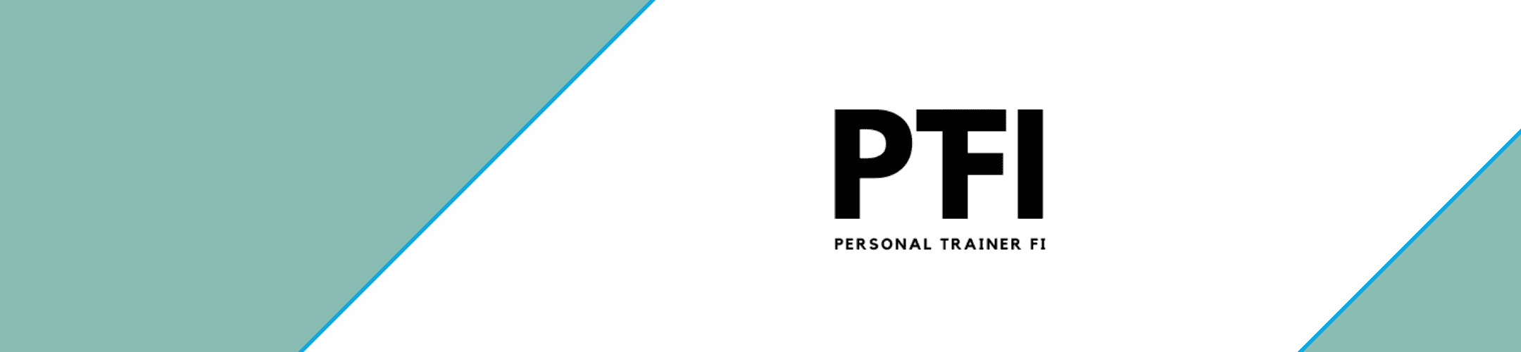 A white background with two light teal diagonal corners. The bold black letters 