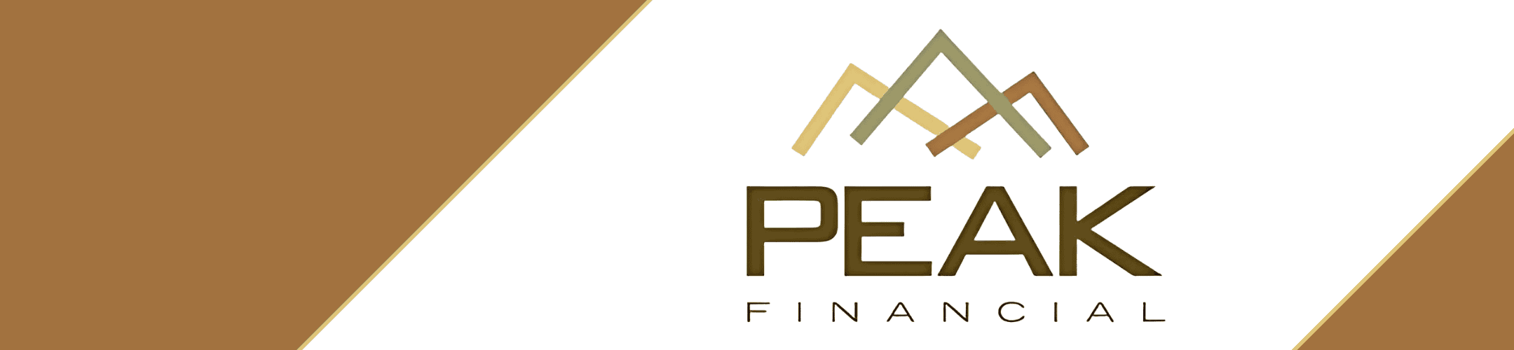 The image features the logo for Peak Financial. Three stylized mountain peaks, colored in shades of gold and bronze, sit above the words 