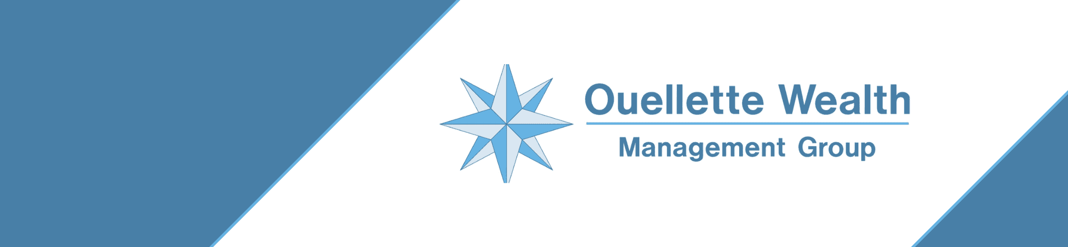 Logo for Ouellette Wealth Management Group featuring a blue compass rose symbol on a white and blue diagonal background.