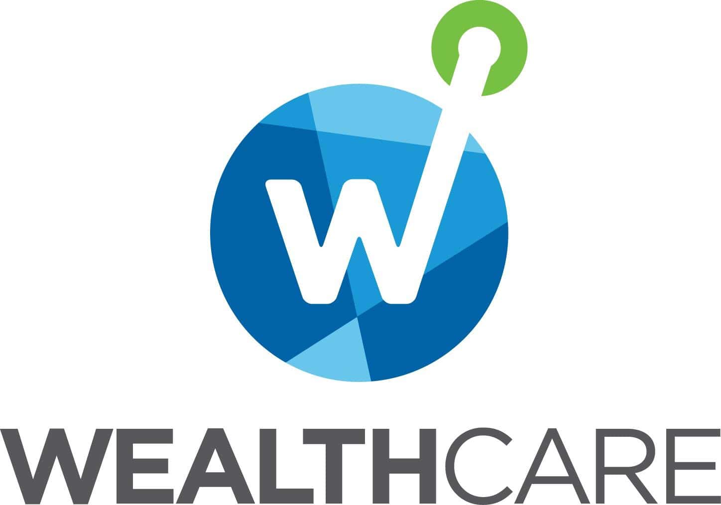 Logo with a stylized letter "W" inside a blue circle, featuring a green circle connected by a line at the top right. Below, the text reads "WEALTHCARE" in bold, with "WEALTH" in dark gray and "CARE" in light gray.