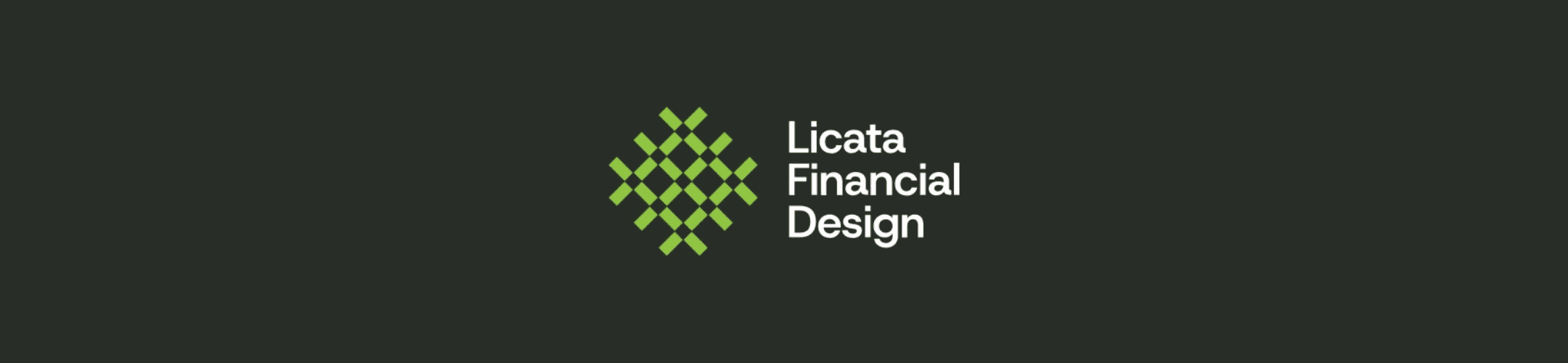 Logo for Licata Financial Design on a dark background, featuring a green geometric pattern made of overlapping chevrons to the left of the company name in white text.