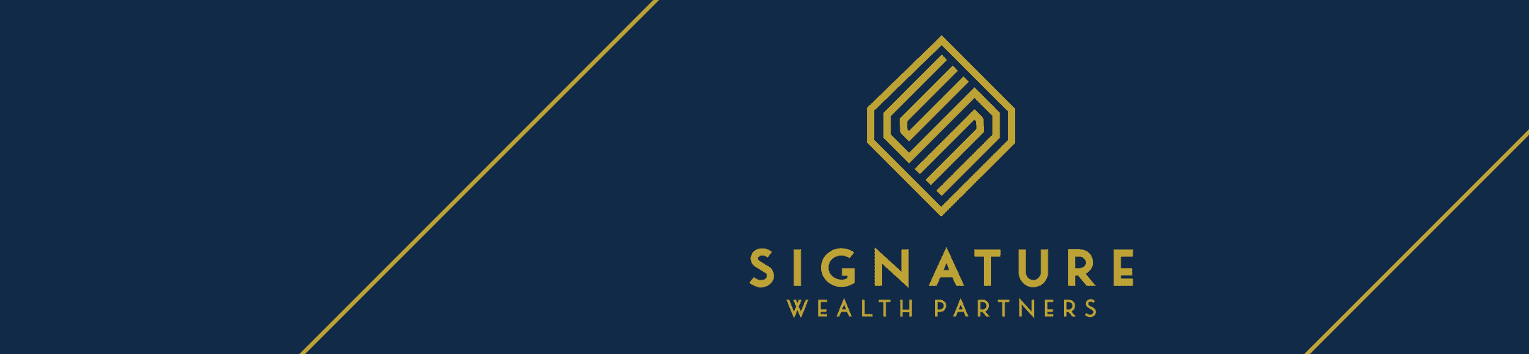 Navy blue banner with gold diagonal lines, a geometric gold logo, and the text 