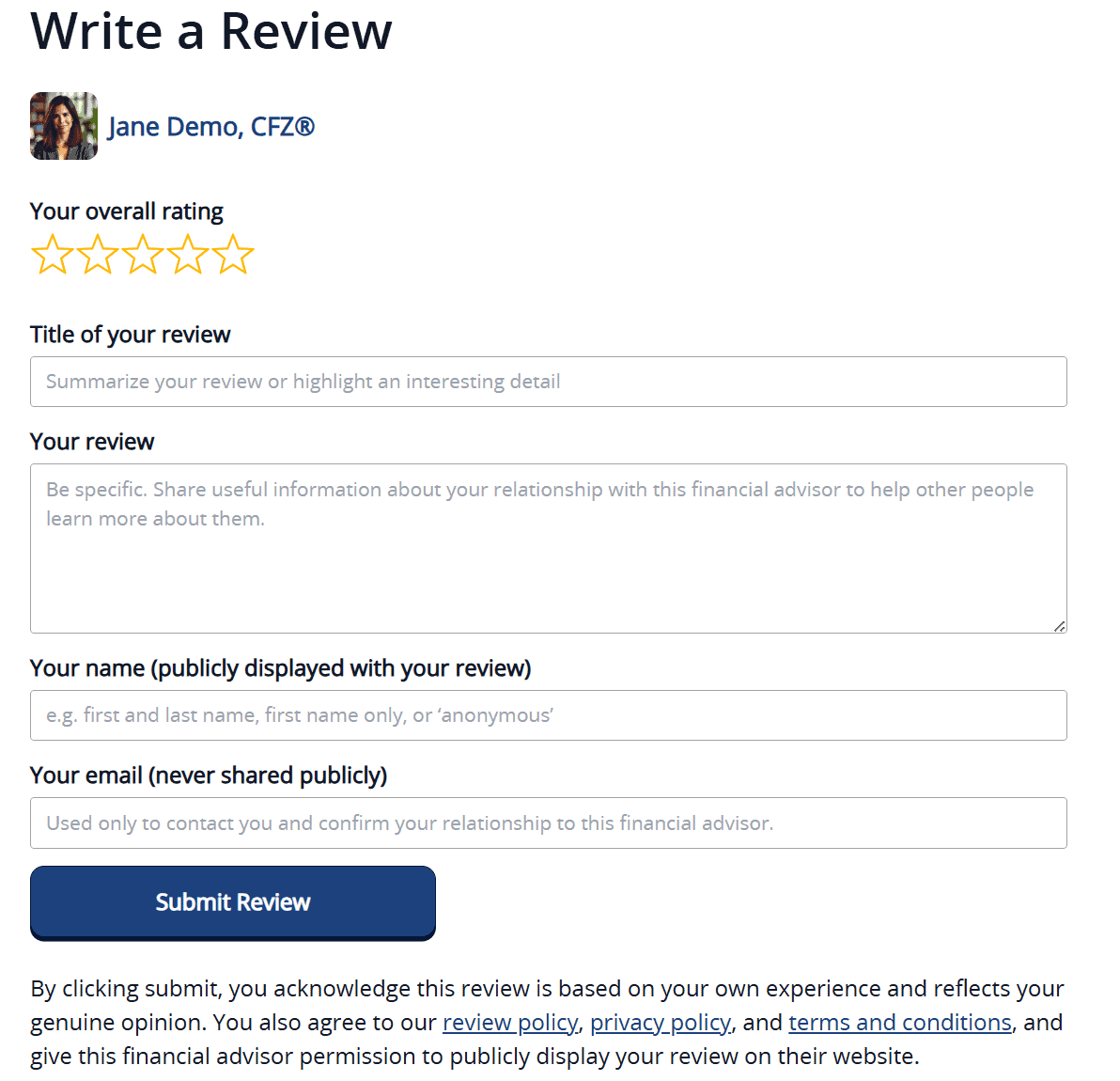 A review submission form for a financial advisor, with rating stars, text fields for review title, review details, user's name, and email, plus a blue "Submit Review" button at the bottom.