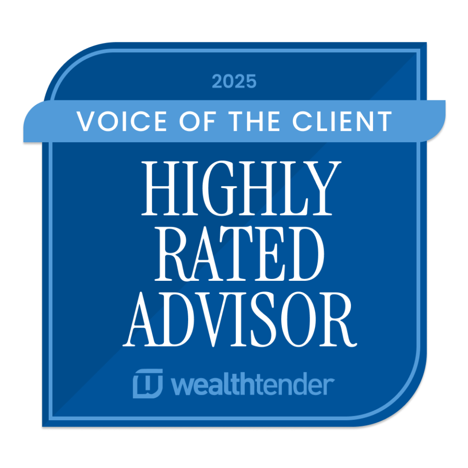 A blue badge with the text "2025 Voice of the Client Highly Rated Advisor" and the wealthtender logo at the bottom.