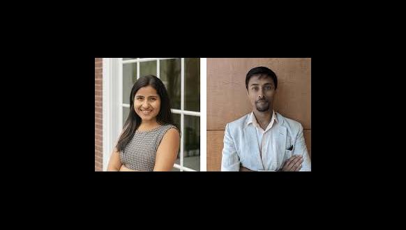 A woman with long dark hair and a man with short dark hair, both with arms crossed, are pictured side by side. The woman stands in front of a window, and the man stands against a wooden wall.