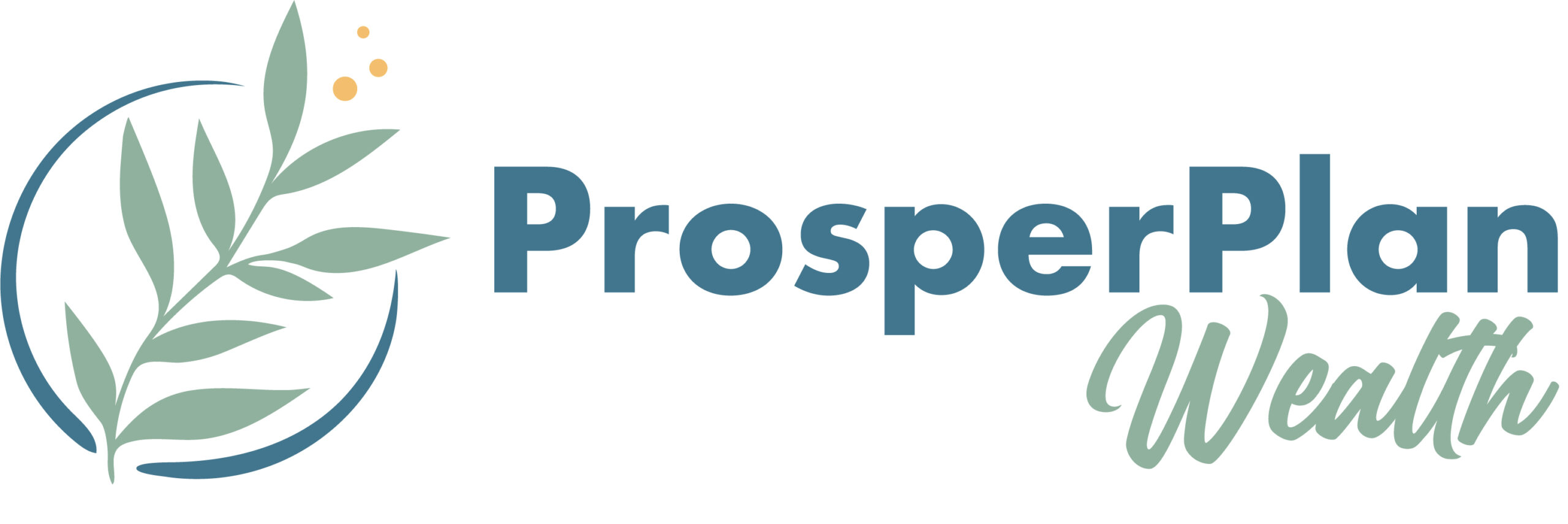 Logo for ProsperPlan Wealth featuring a stylized green leafy branch with two yellow dots inside a blue circle, next to the company name in blue and green text.