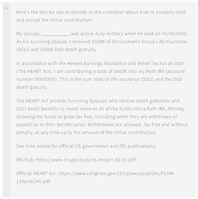 A light gray text box containing a statement about coding military survivor benefits, mentioning Serviceman’s Group Life Insurance (SGLI), DoD death gratuity, and referencing IRS and congressional publications. Some details are redacted.