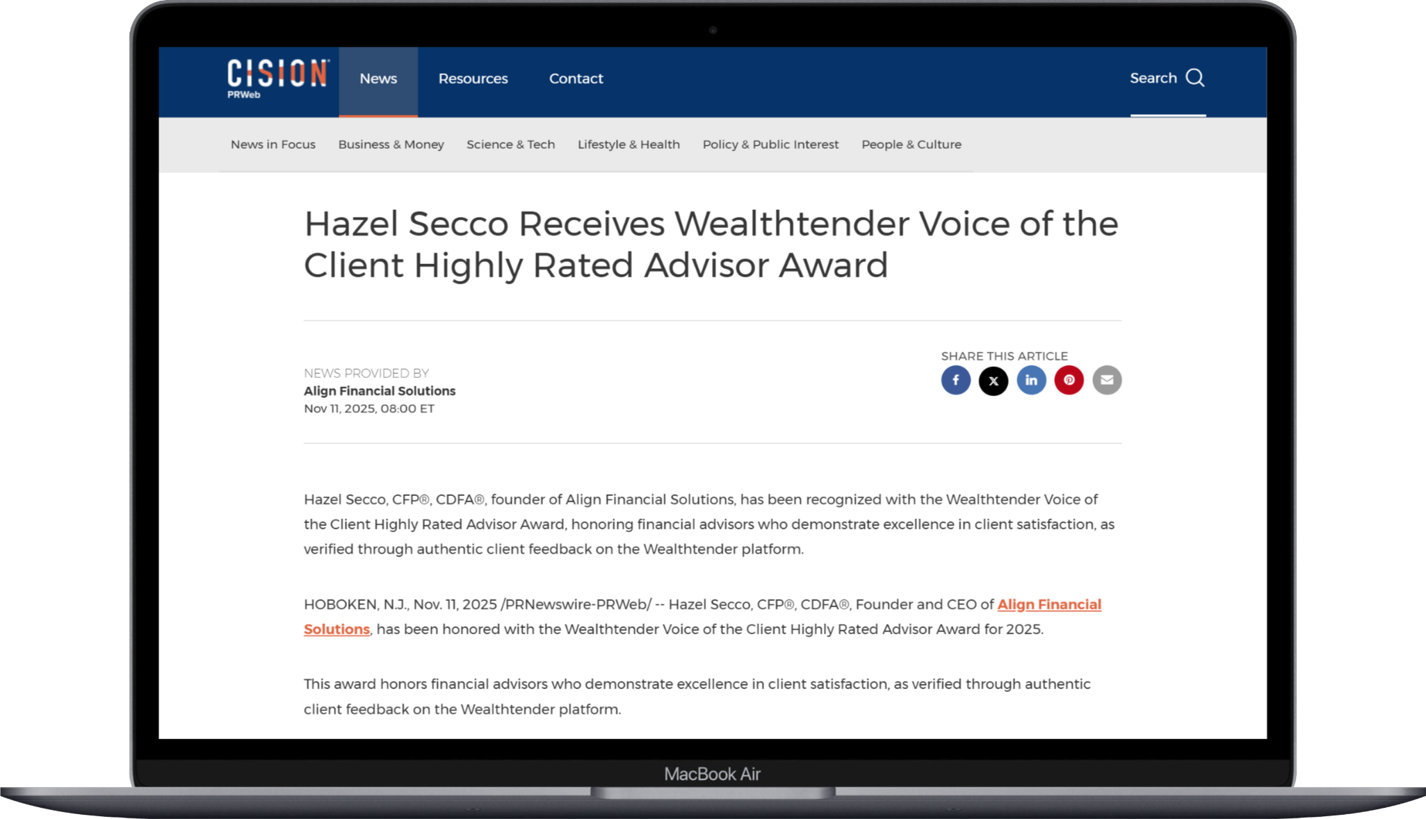 A laptop screen displays a news article titled "Hazel Secco Receives Wealthtender Voice of the Client Highly Rated Advisor Award" on the Cision PR Newswire website.
