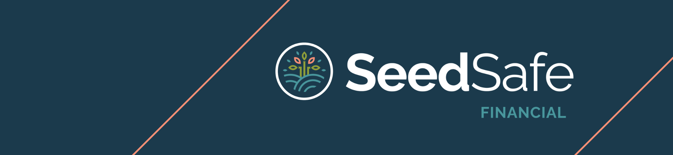 Logo for SeedSafe Financial. The design includes a stylized plant with colorful dots in a circular emblem to the left of the text “SeedSafe FINANCIAL” on a dark blue background with two thin diagonal lines.