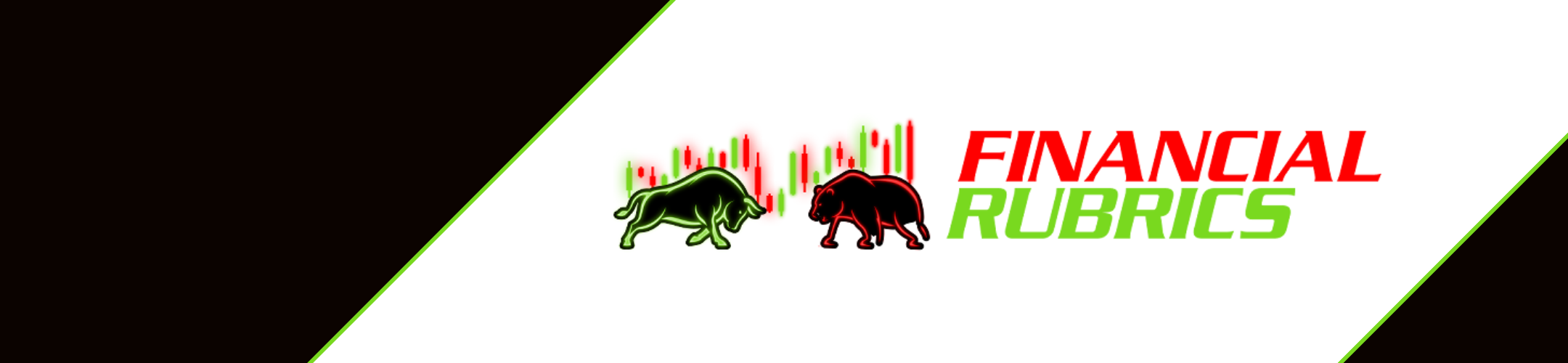 Logo with a green bull and a red bear facing off in front of stock market candlestick graphs, next to the text “Financial Rubrics” in red and green on a white and black background with green trim.