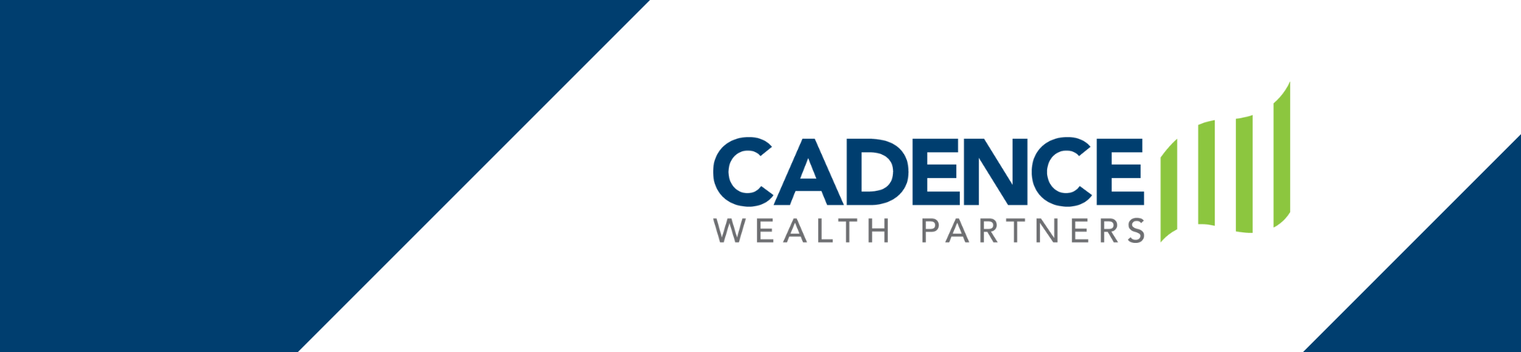 Logo for Cadence Wealth Partners on a white background with diagonal navy blue borders. The word 