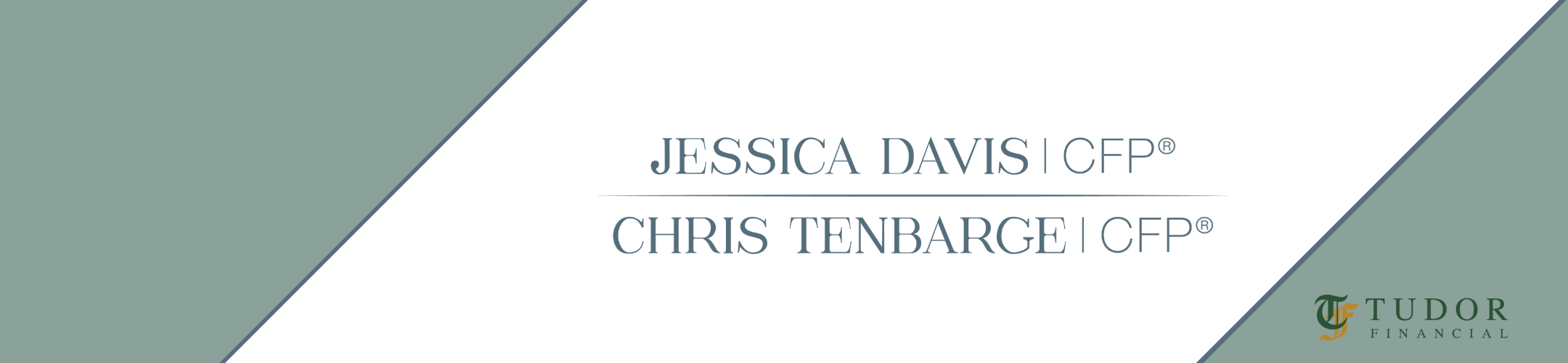 Diagonal white banner with the names 