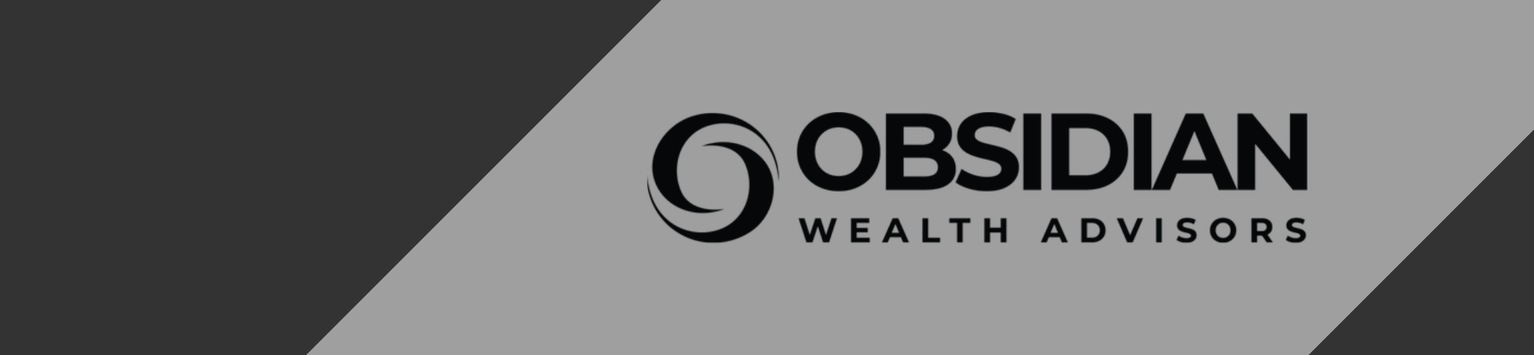 Logo for Obsidian Wealth Advisors on a gray background with diagonal dark and light gray stripes. The logo features a circular design to the left of the company name in bold black text.