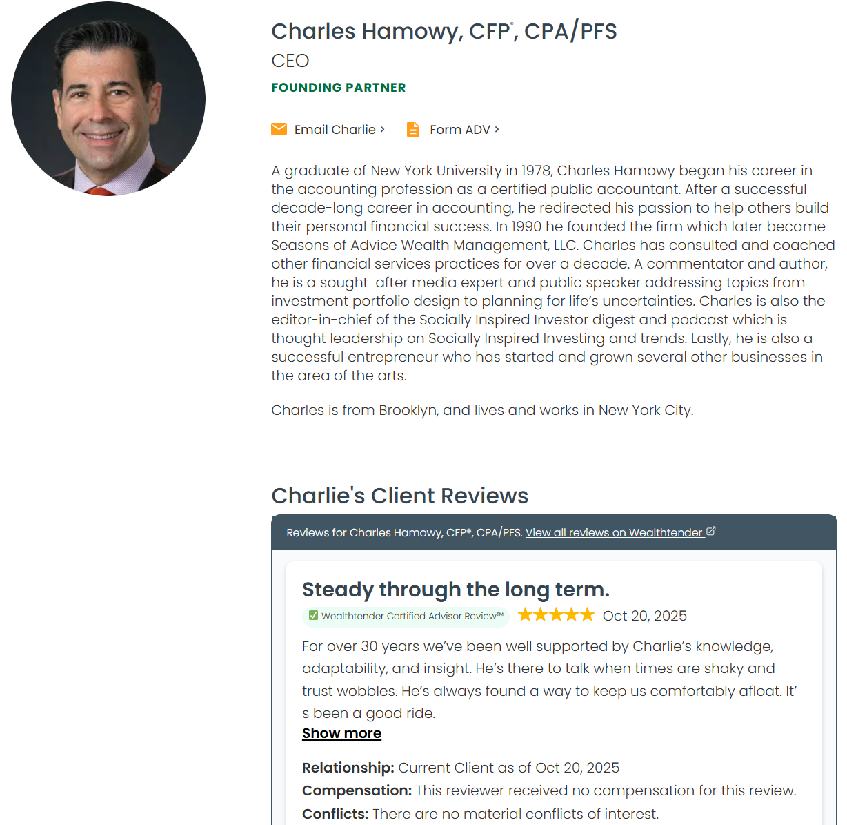 A professional profile of Charles Hamowy, CEO and founding partner, featuring his headshot, biography, and client review. The review praises his financial advice and steady support during market uncertainty.