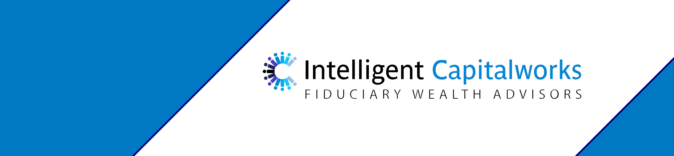 Logo for Intelligent Capitalworks Fiduciary Wealth Advisors, featuring a circular blue and black design to the left of the company name on a white background with blue diagonal borders.