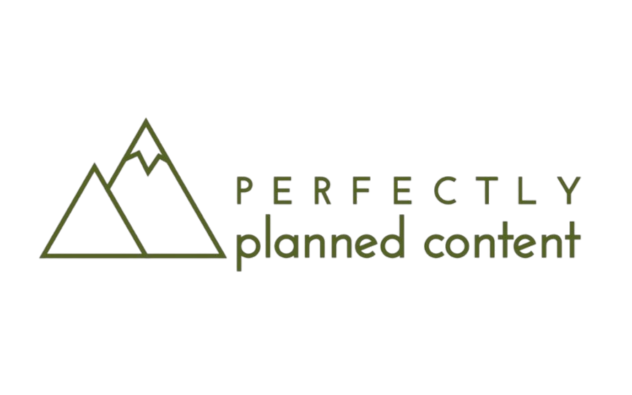Logo featuring two simple, overlapping mountain outlines on the left, with the words "PERFECTLY planned content" in green uppercase and lowercase letters to the right.