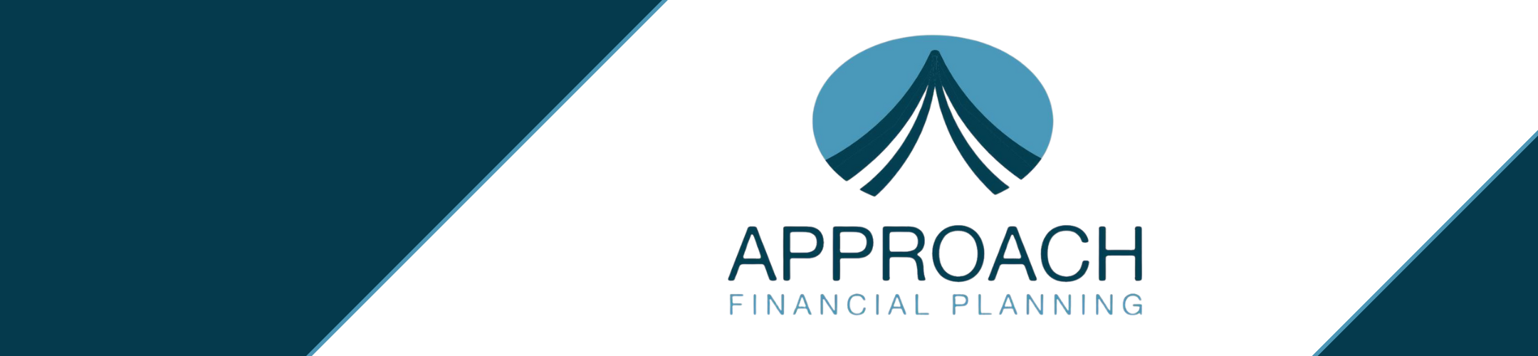 Logo for Approach Financial Planning with a stylized blue arc and lines above the company name on a white and dark teal diagonal background.