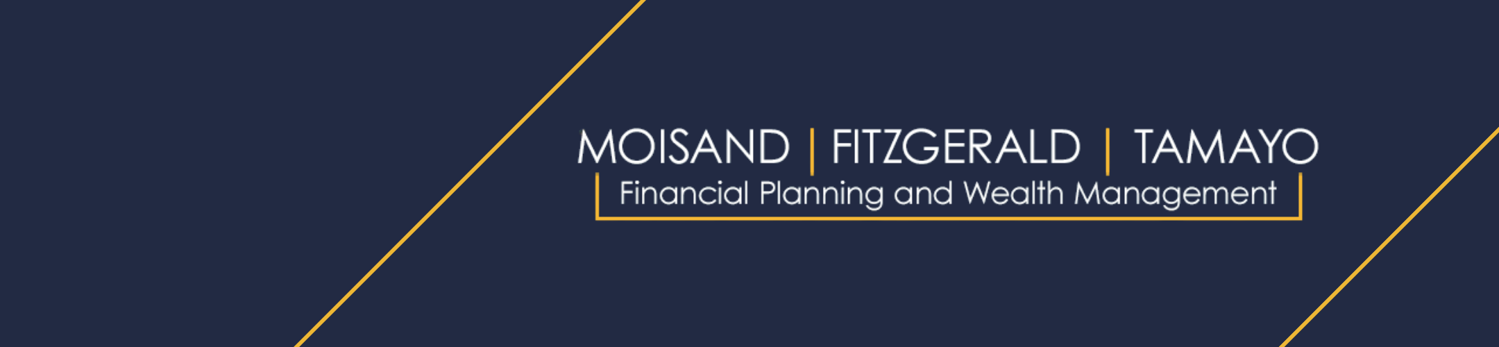 Navy blue banner with thin diagonal gold lines and white text reading 