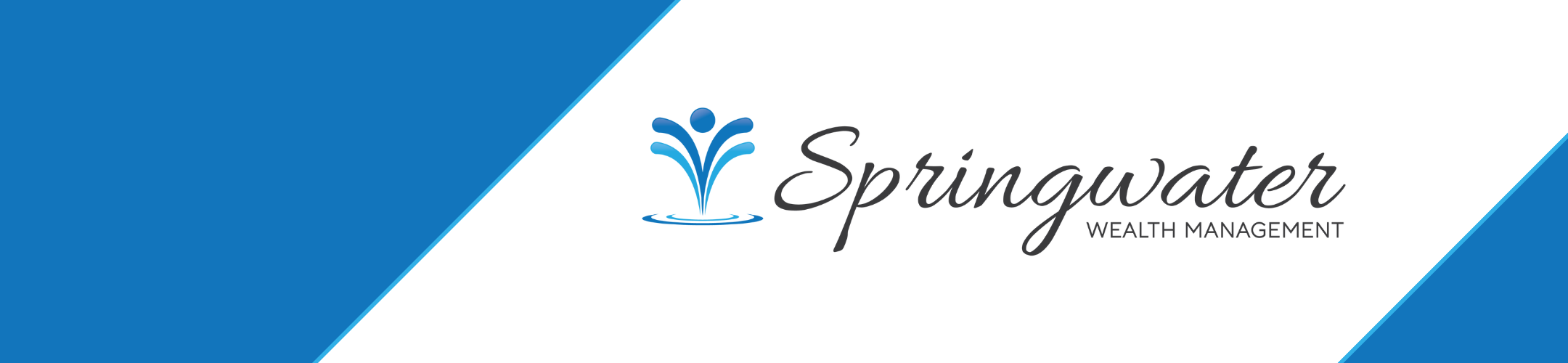 Logo for Springwater Wealth Management featuring a stylized water fountain icon and elegant script text, set against a white and blue background with diagonal color accents.