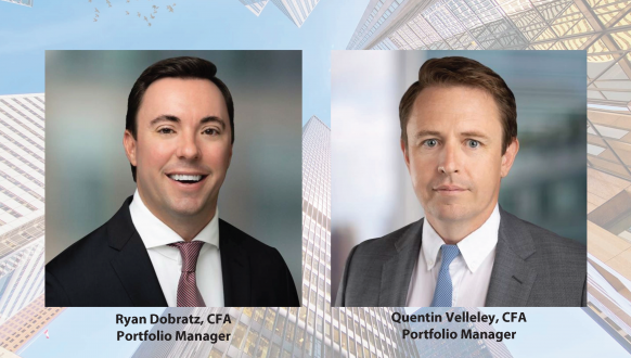 Two professional headshots side by side: Ryan Dobratz, CFA, in a dark suit with a light pink tie, and Quentin Velleley, CFA, in a grey suit with a light blue tie. Both are labeled as Portfolio Managers.