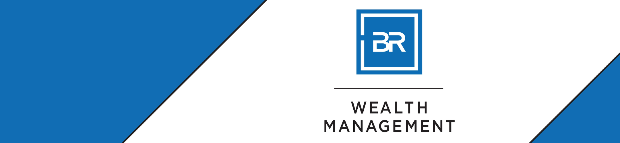 BR Wealth Management logo with blue and white geometric background, featuring the letters 