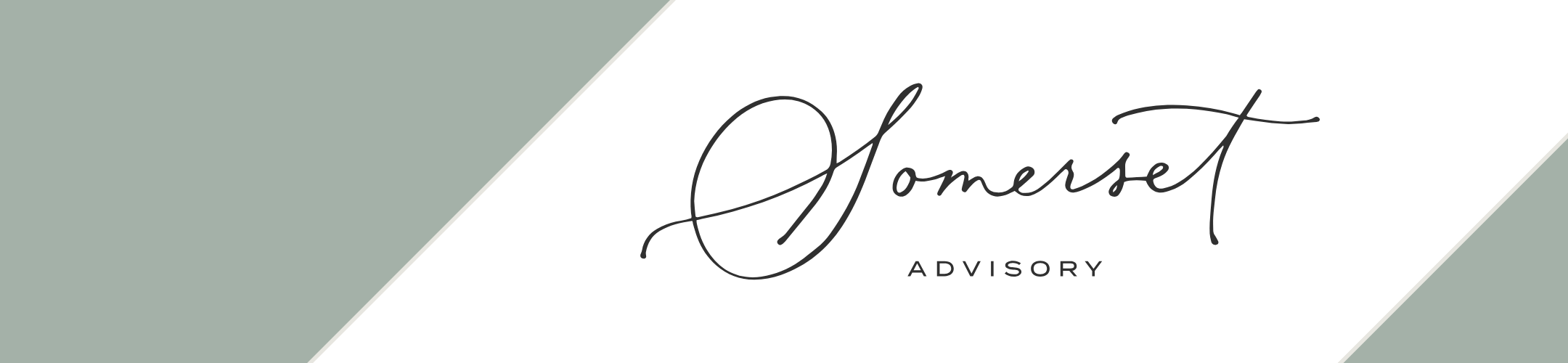 Diagonal split background with soft green and white colors. In the center, elegant cursive text reads 