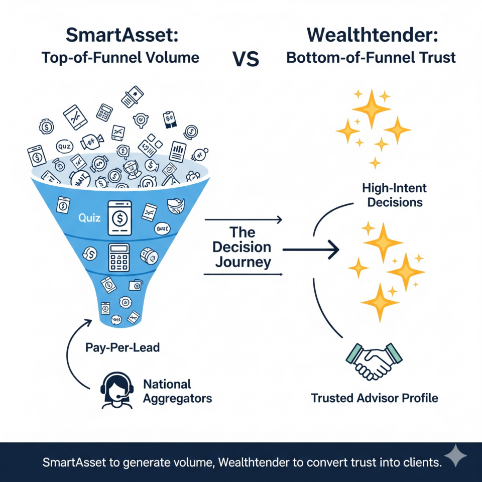 Infographic comparing SmartAsset’s top-of-funnel lead volume with Wealthtender’s bottom-of-funnel trust, illustrating the decision journey from a quiz and national aggregators to high-intent decisions and trusted advisor profiles.