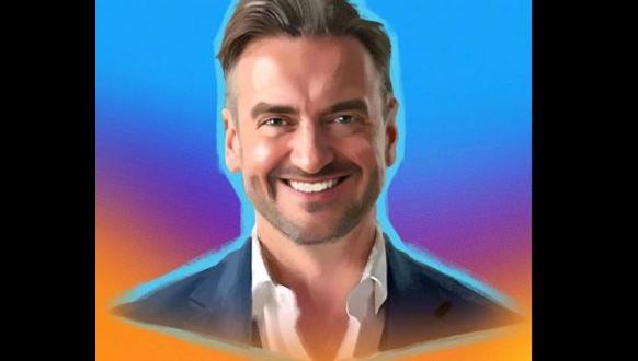 A digitally illustrated man with light skin and slicked-back hair, smiling in a suit against a vibrant blue, purple, and orange gradient background.
