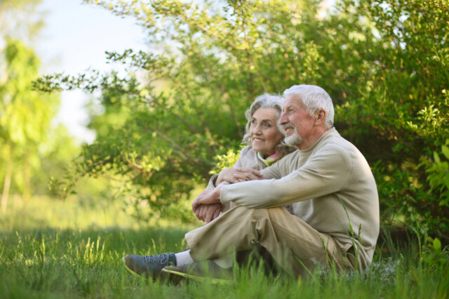 An elderly couple sits together on the grass in a lush, green park, smiling and looking into the distance, surrounded by leafy bushes and sunlight.