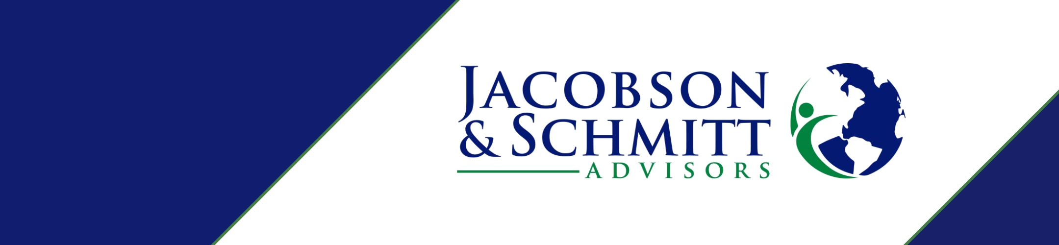 Jacobson & Schmitt Advisors logo with blue and green text next to a graphic of a globe and person, set on a white and blue diagonal background.