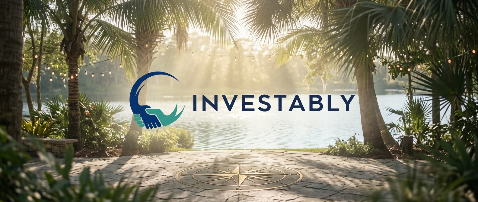 Investably logo featuring a blue and teal handshake icon over a sunlit patio overlooking a lake with palm trees.